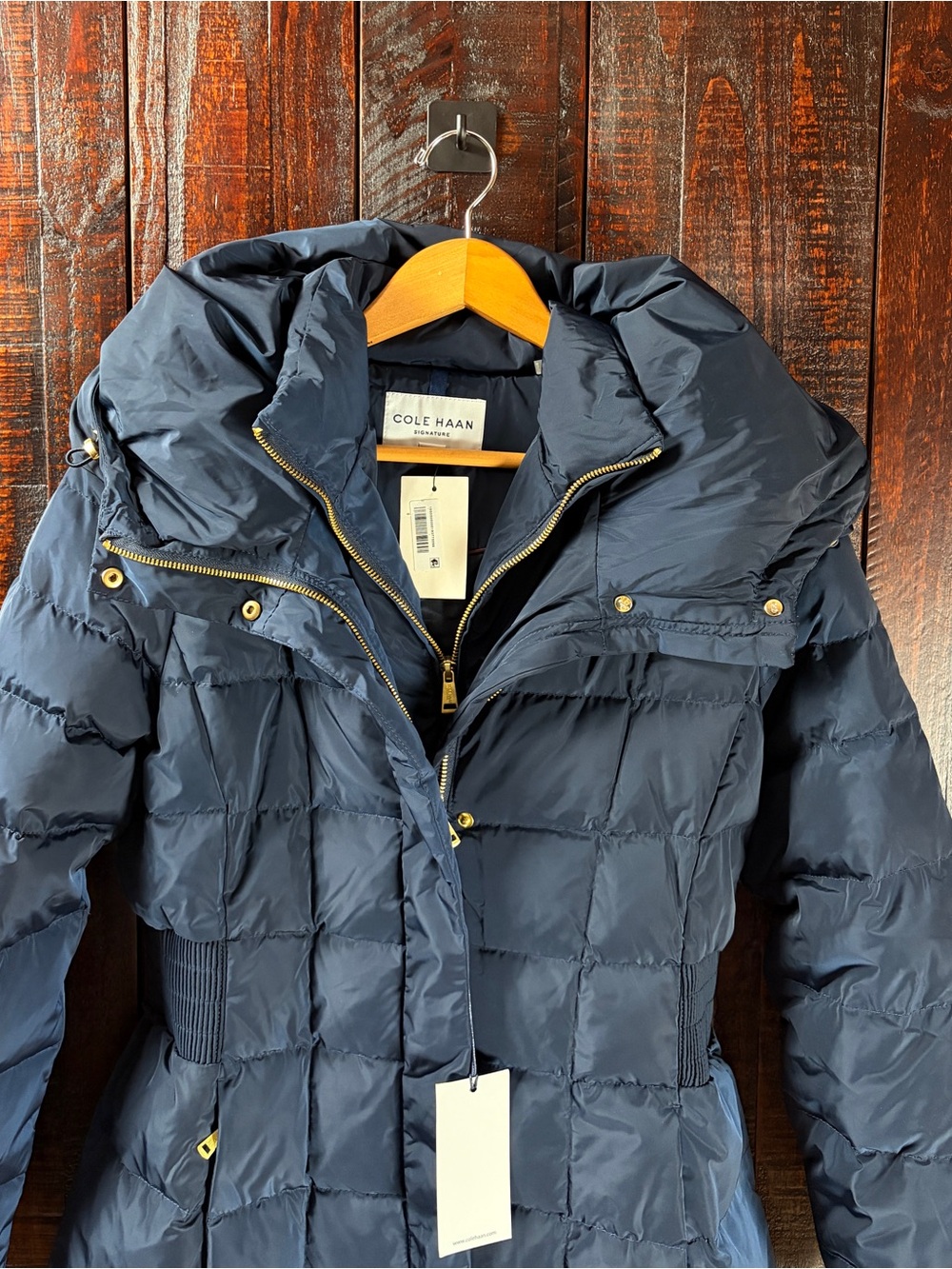 Cole Haan Navy Quilted Down/Feather Hooded Maxi Puffer Coat Medium - Picture 2 of 8